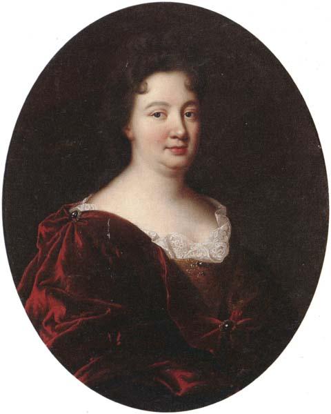 unknow artist Portrait of a landy,said to be marie de pontchartrin,half length,wearing a red velvet mantle over a gold braided dress and lace shirt oil painting image
